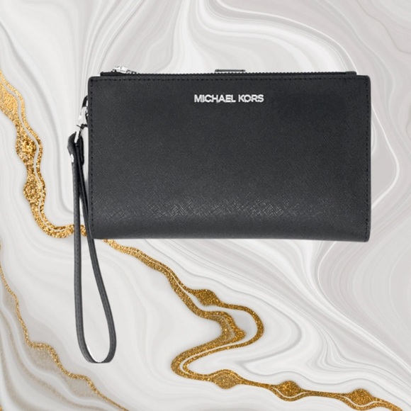 Michael Kors Black Leather Jet Set Double Zip Wallet Wristlet Silver-Tone Accent - Picture 1 of 13